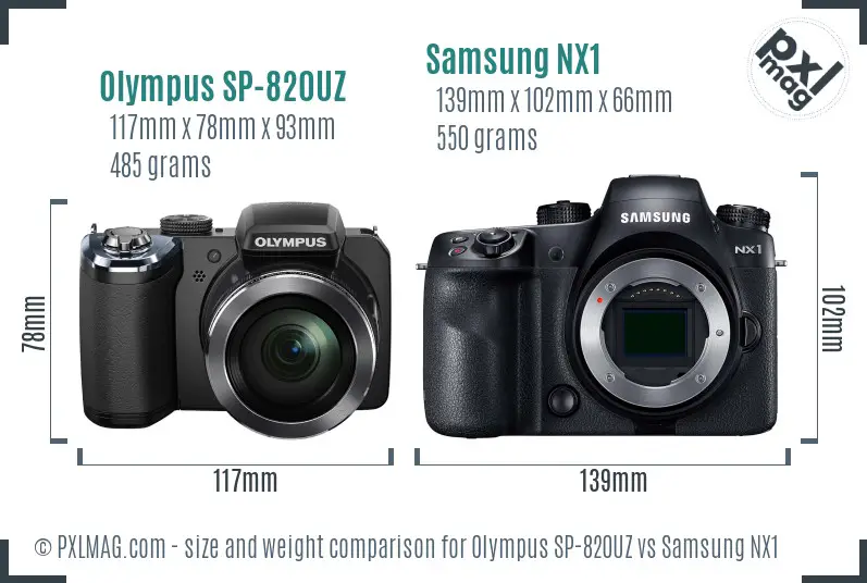 Olympus SP-820UZ vs Samsung NX1 size comparison