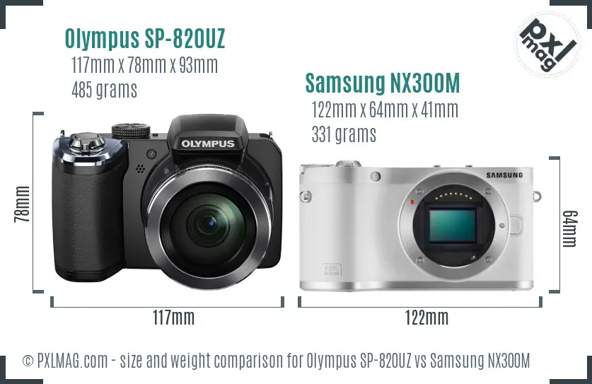 Olympus SP-820UZ vs Samsung NX300M size comparison