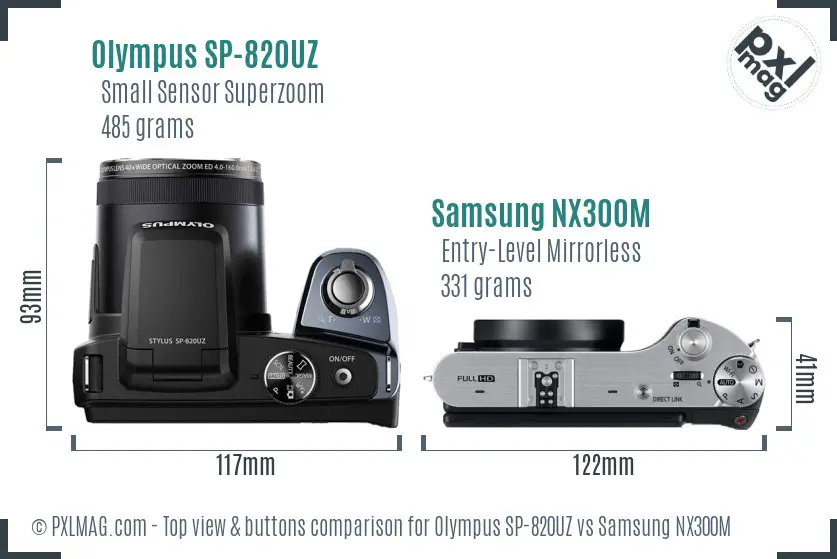 Olympus SP-820UZ vs Samsung NX300M top view buttons comparison