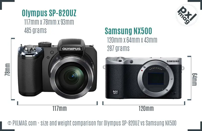 Olympus SP-820UZ vs Samsung NX500 size comparison Olympus SP-820UZ vs Samsung NX500 size comparison