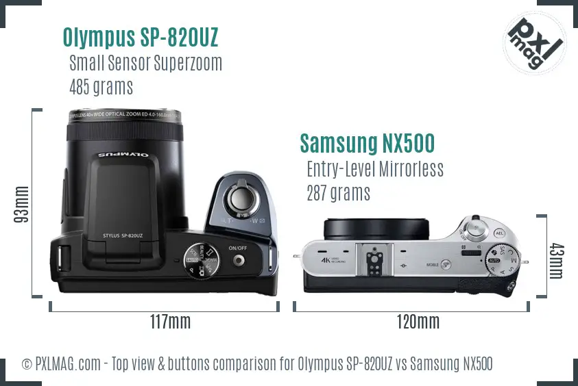 Olympus SP-820UZ vs Samsung NX500 top view buttons comparison Olympus SP-820UZ vs Samsung NX500 top view buttons comparison