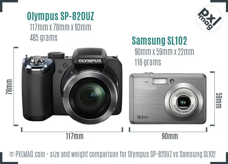 Olympus SP-820UZ vs Samsung SL102 size comparison