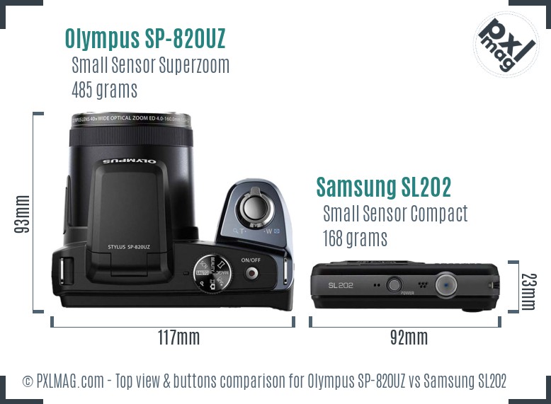 Olympus SP-820UZ vs Samsung SL202 top view buttons comparison