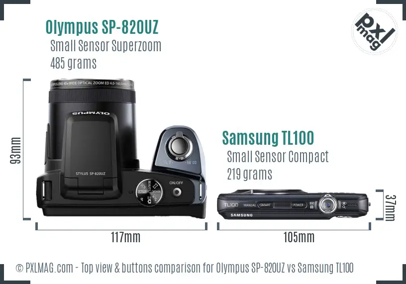 Olympus SP-820UZ vs Samsung TL100 top view buttons comparison Olympus SP-820UZ vs Samsung TL100 top view buttons comparison