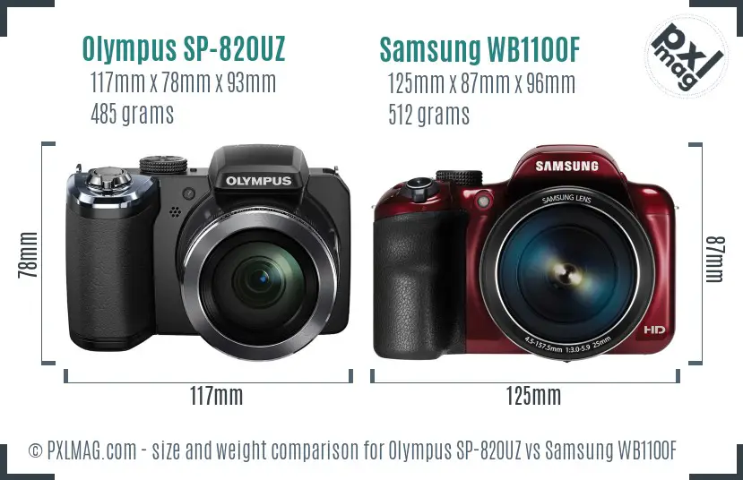Olympus SP-820UZ vs Samsung WB1100F size comparison