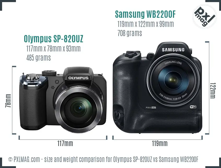 Olympus SP-820UZ vs Samsung WB2200F size comparison