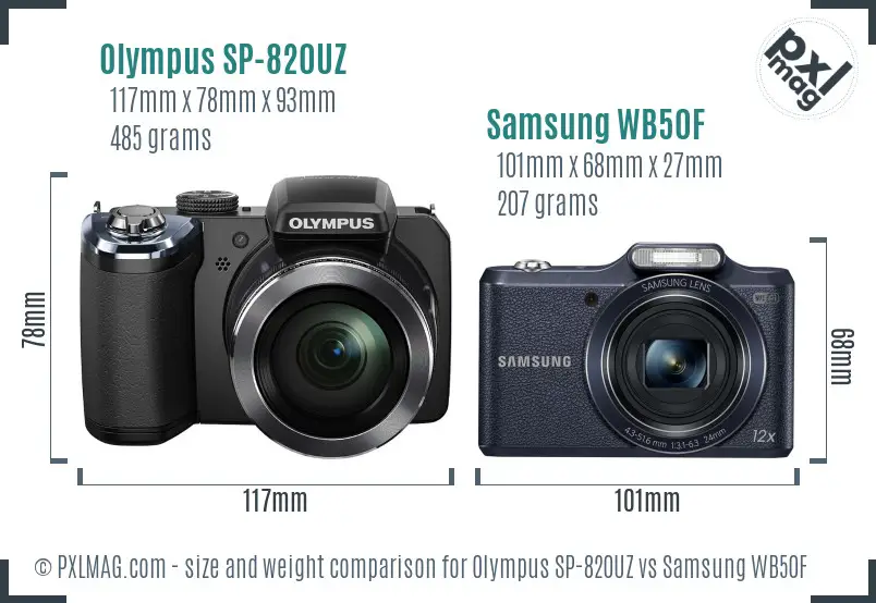 Olympus SP-820UZ vs Samsung WB50F size comparison