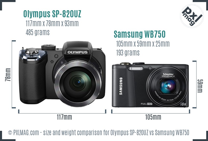 Olympus SP-820UZ vs Samsung WB750 size comparison