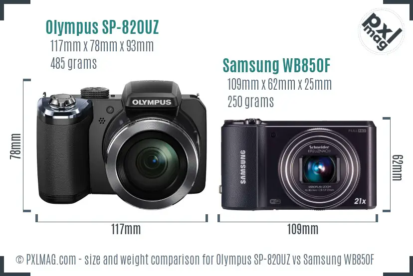 Olympus SP-820UZ vs Samsung WB850F size comparison