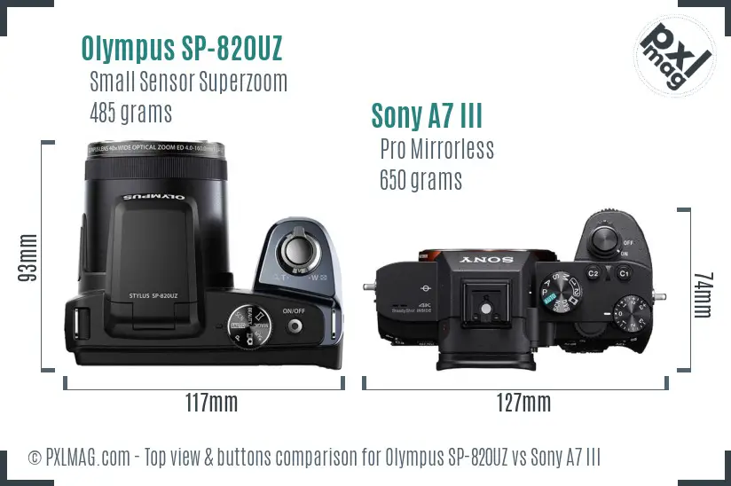 Olympus SP-820UZ vs Sony A7 III top view buttons comparison