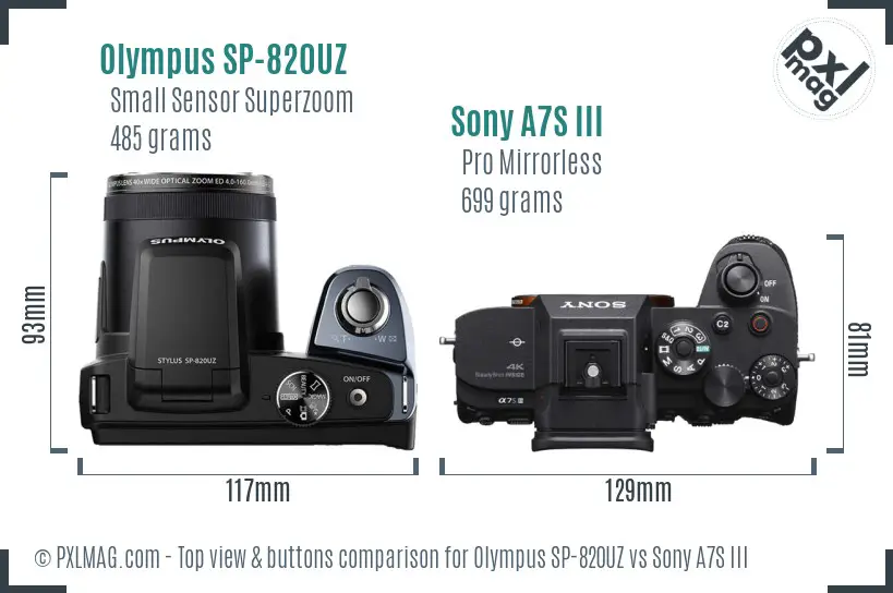 Olympus SP-820UZ vs Sony A7S III top view buttons comparison