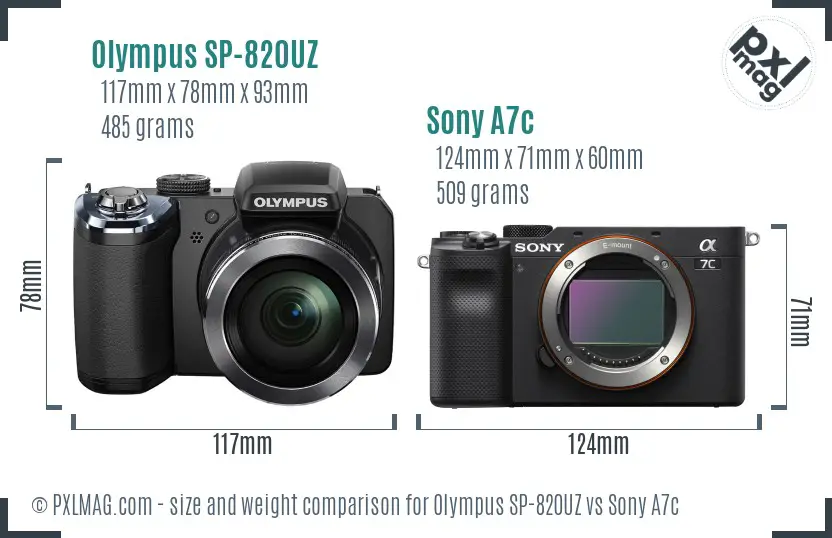 Olympus SP-820UZ vs Sony A7c size comparison