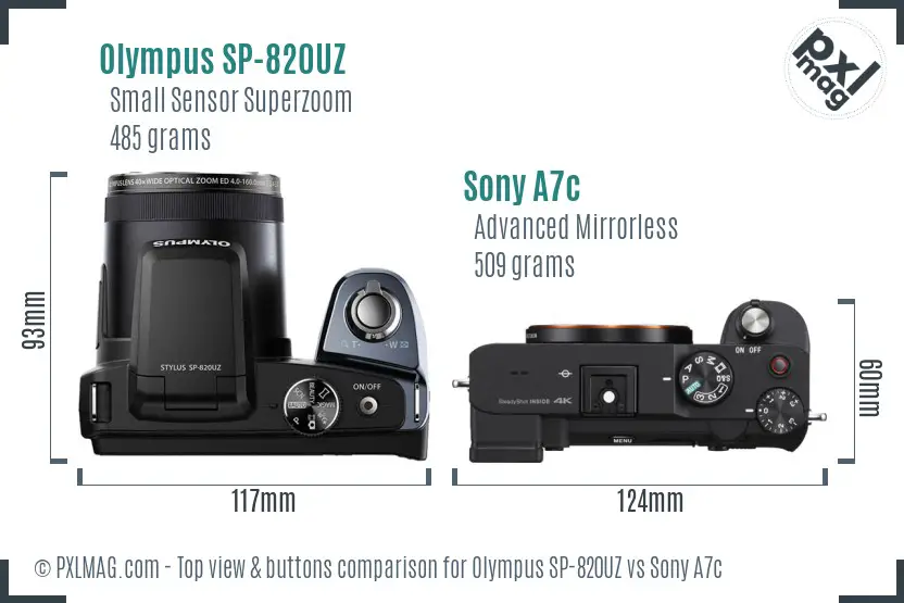 Olympus SP-820UZ vs Sony A7c top view buttons comparison