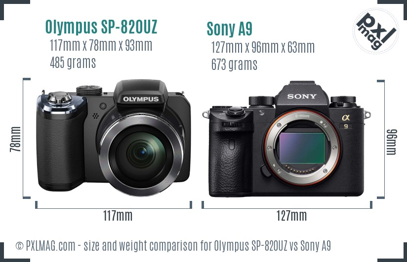 Olympus SP-820UZ vs Sony A9 size comparison