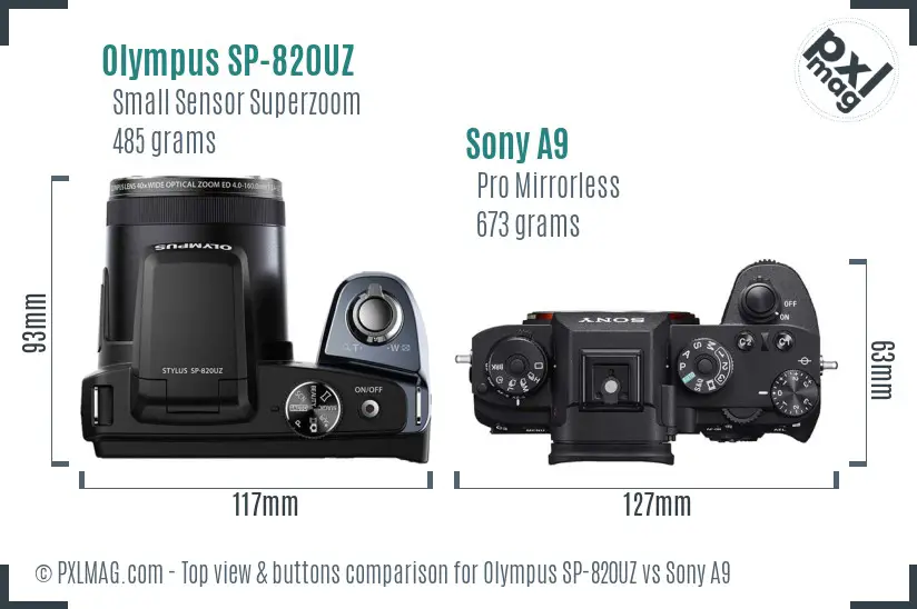 Olympus SP-820UZ vs Sony A9 top view buttons comparison