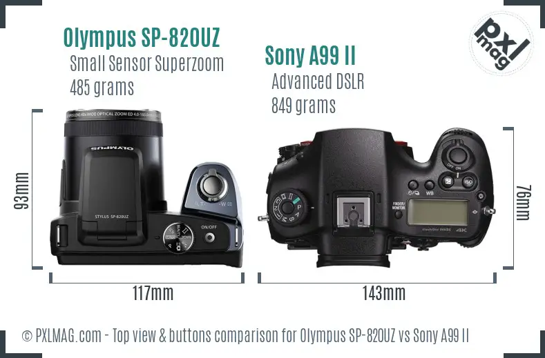 Olympus SP-820UZ vs Sony A99 II top view buttons comparison