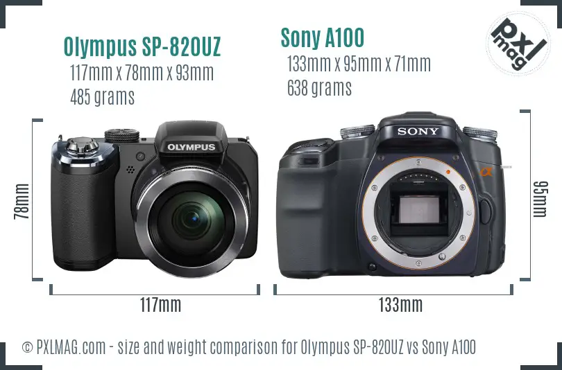 Olympus SP-820UZ vs Sony A100 size comparison