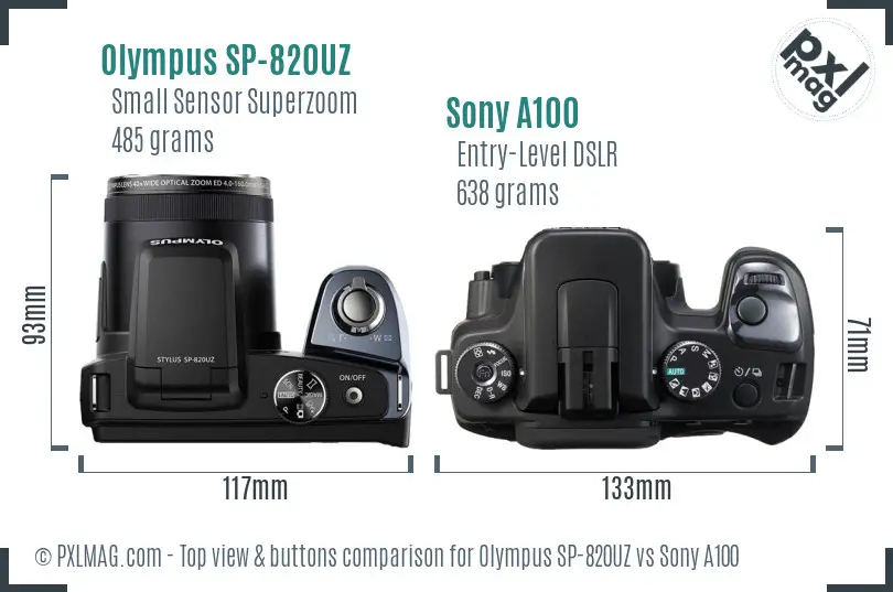 Olympus SP-820UZ vs Sony A100 top view buttons comparison