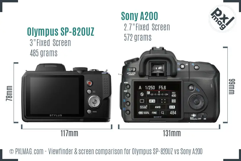 Olympus SP-820UZ vs Sony A200 Screen and Viewfinder comparison