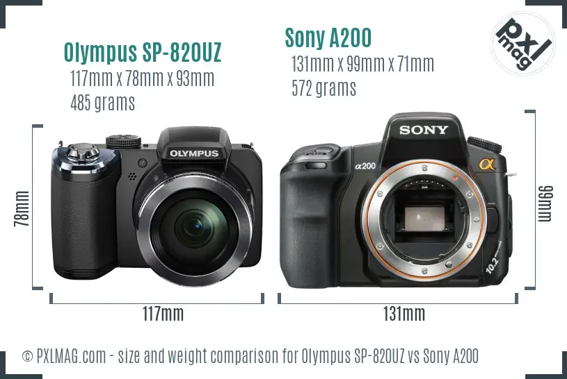 Olympus SP-820UZ vs Sony A200 size comparison