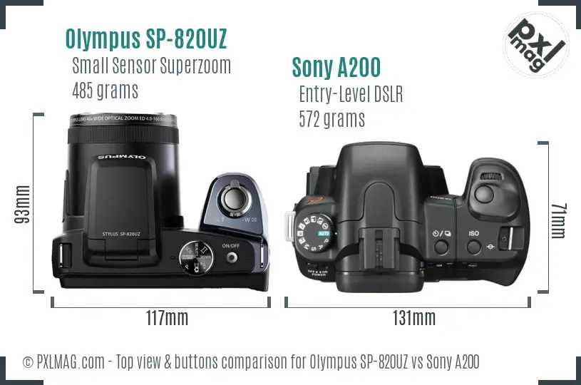 Olympus SP-820UZ vs Sony A200 top view buttons comparison