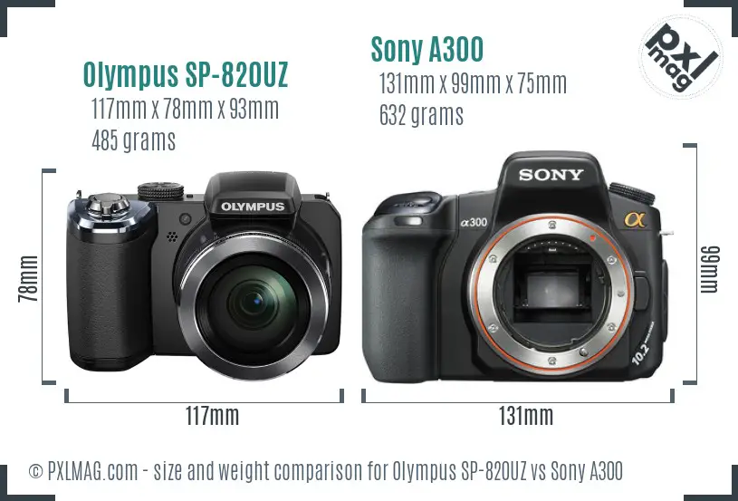 Olympus SP-820UZ vs Sony A300 size comparison