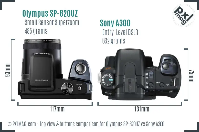 Olympus SP-820UZ vs Sony A300 top view buttons comparison