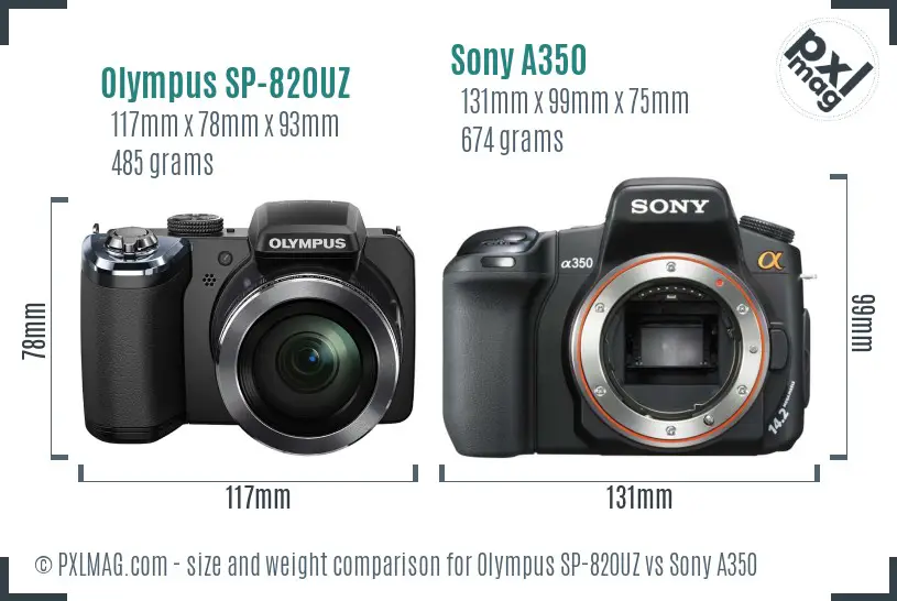 Olympus SP-820UZ vs Sony A350 size comparison