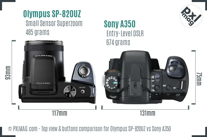 Olympus SP-820UZ vs Sony A350 top view buttons comparison