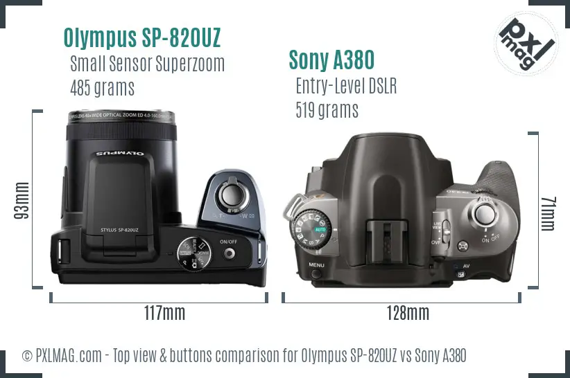 Olympus SP-820UZ vs Sony A380 top view buttons comparison