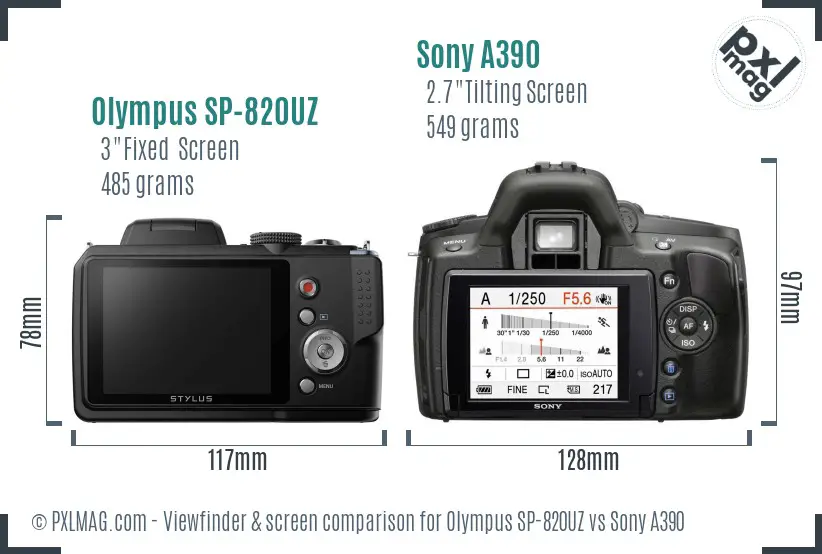 Olympus SP-820UZ vs Sony A390 Screen and Viewfinder comparison