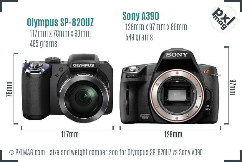 Olympus SP-820UZ vs Sony A390 size comparison