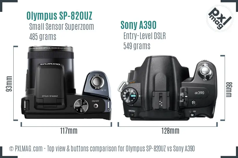 Olympus SP-820UZ vs Sony A390 top view buttons comparison