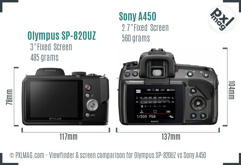 Olympus SP-820UZ vs Sony A450 Screen and Viewfinder comparison