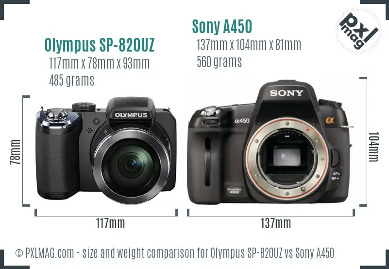 Olympus SP-820UZ vs Sony A450 size comparison