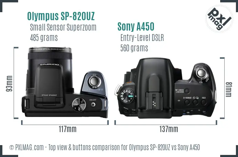 Olympus SP-820UZ vs Sony A450 top view buttons comparison