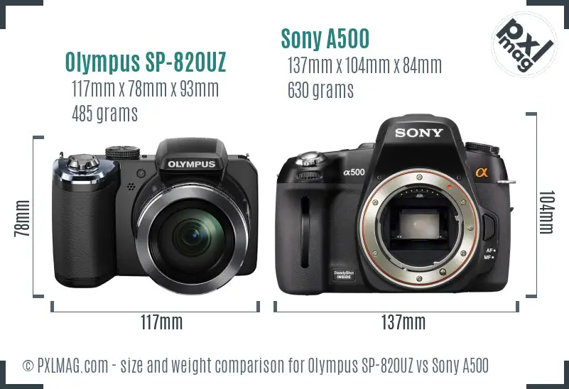 Olympus SP-820UZ vs Sony A500 size comparison