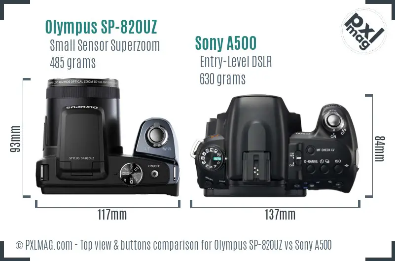 Olympus SP-820UZ vs Sony A500 top view buttons comparison