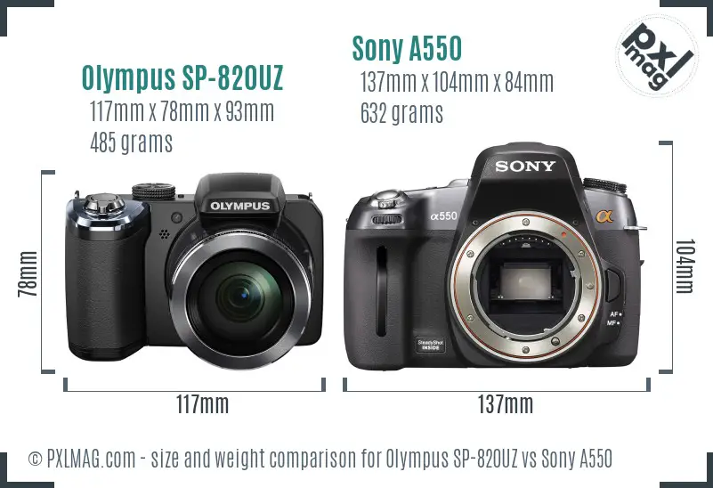 Olympus SP-820UZ vs Sony A550 size comparison