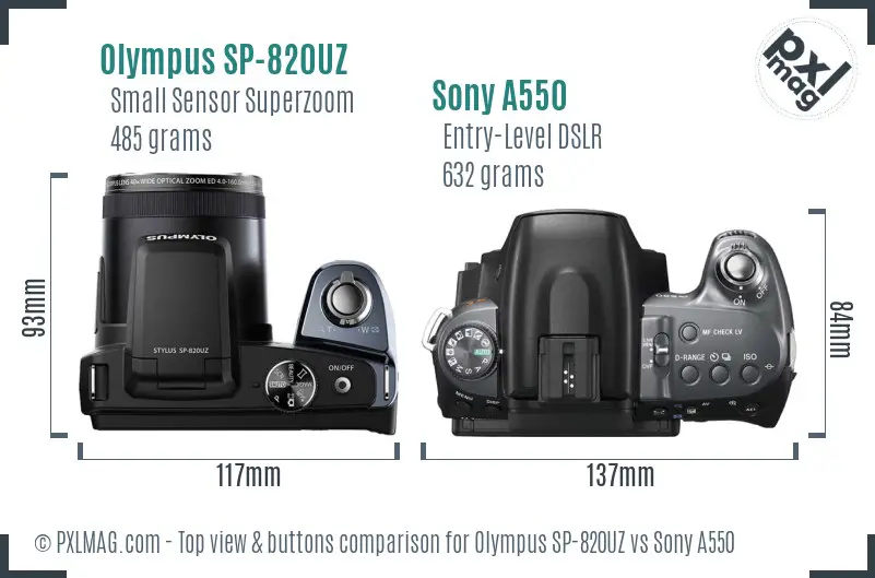 Olympus SP-820UZ vs Sony A550 top view buttons comparison