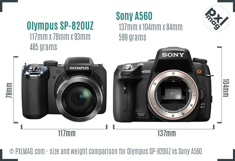 Olympus SP-820UZ vs Sony A560 size comparison