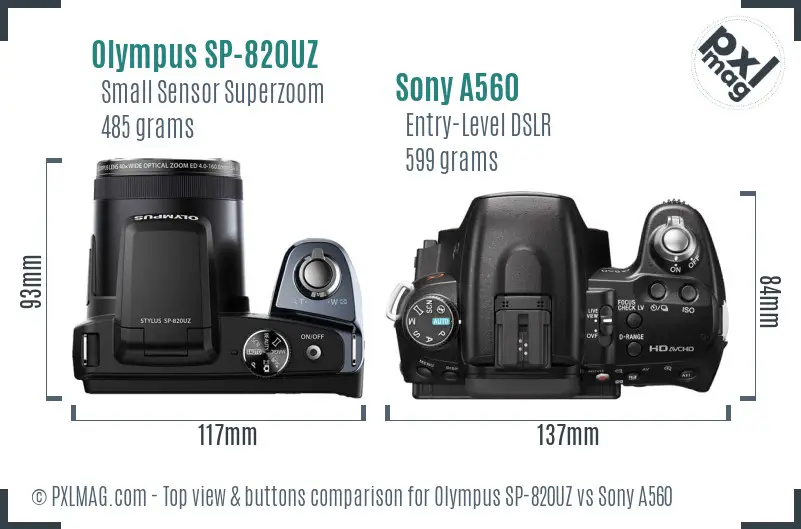 Olympus SP-820UZ vs Sony A560 top view buttons comparison