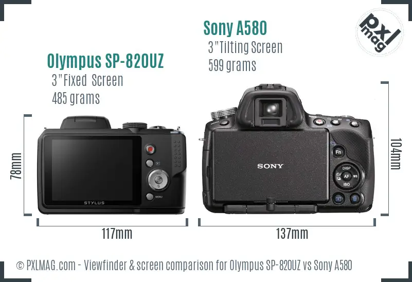 Olympus SP-820UZ vs Sony A580 Screen and Viewfinder comparison