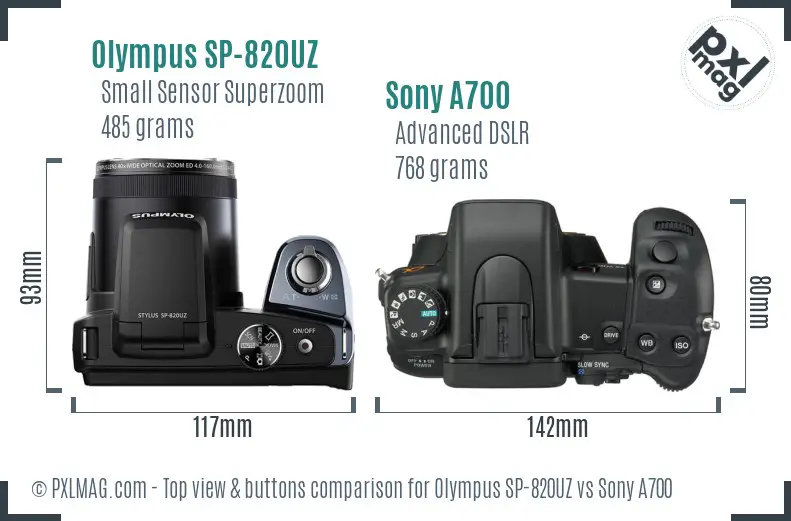 Olympus SP-820UZ vs Sony A700 top view buttons comparison