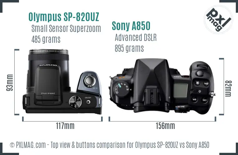 Olympus SP-820UZ vs Sony A850 top view buttons comparison