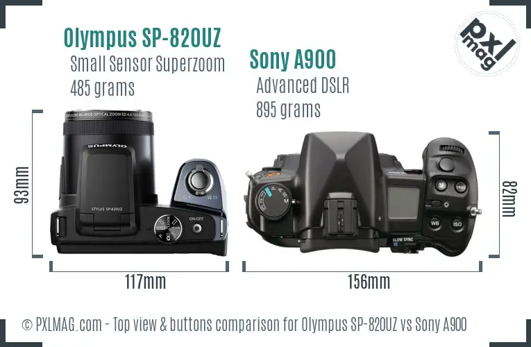 Olympus SP-820UZ vs Sony A900 top view buttons comparison