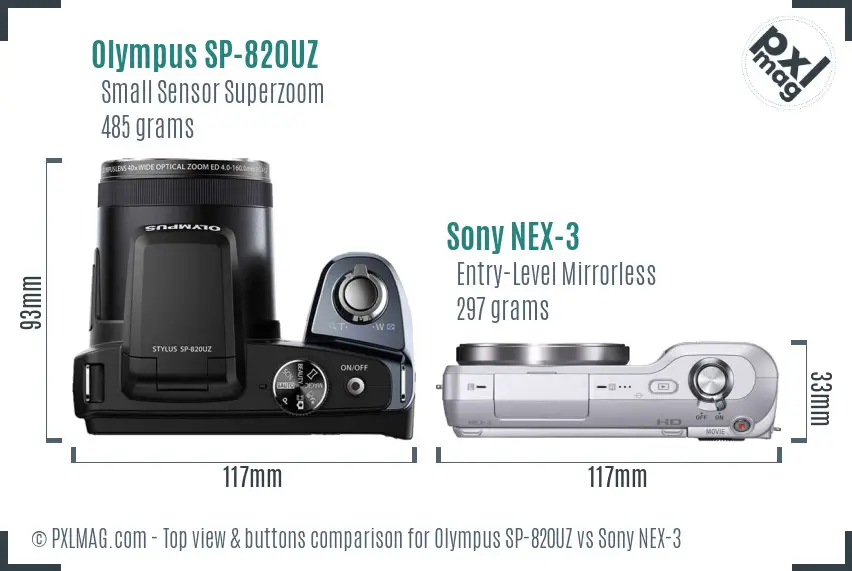 Olympus SP-820UZ vs Sony NEX-3 top view buttons comparison Olympus SP-820UZ vs Sony NEX-3 top view buttons comparison