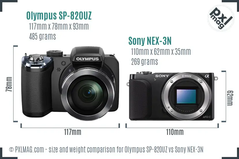 Olympus SP-820UZ vs Sony NEX-3N size comparison