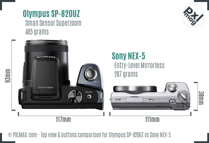 Olympus SP-820UZ vs Sony NEX-5 top view buttons comparison