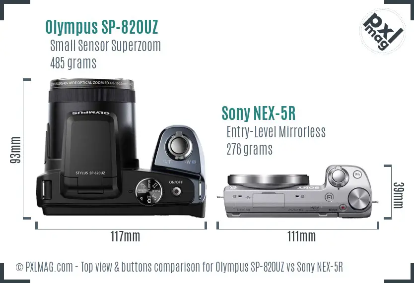 Olympus SP-820UZ vs Sony NEX-5R top view buttons comparison